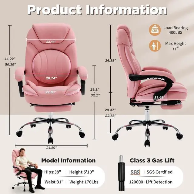 Alt view image 2 of 7 - Wide Comfy Office Desk Chair for Women with Lumbar Support Pink | Big Tall Computer Gaming Chair, Adjustable Lumbar Back Support, Wide Seat, Heavy Duty, Wheels, Faux Leather