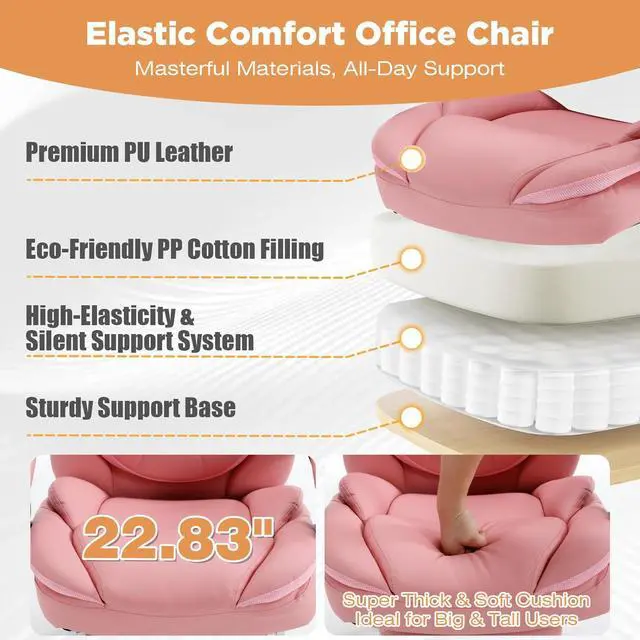 Alt view image 4 of 7 - Wide Comfy Office Desk Chair for Women with Lumbar Support Pink | Big Tall Computer Gaming Chair, Adjustable Lumbar Back Support, Wide Seat, Heavy Duty, Wheels, Faux Leather