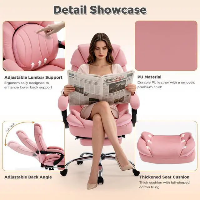 Alt view image 5 of 7 - Wide Comfy Office Desk Chair for Women with Lumbar Support Pink | Big Tall Computer Gaming Chair, Adjustable Lumbar Back Support, Wide Seat, Heavy Duty, Wheels, Faux Leather