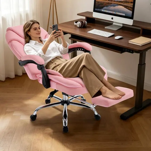 Alt view image 6 of 7 - Wide Comfy Office Desk Chair for Women with Lumbar Support Pink | Big Tall Computer Gaming Chair, Adjustable Lumbar Back Support, Wide Seat, Heavy Duty, Wheels, Faux Leather