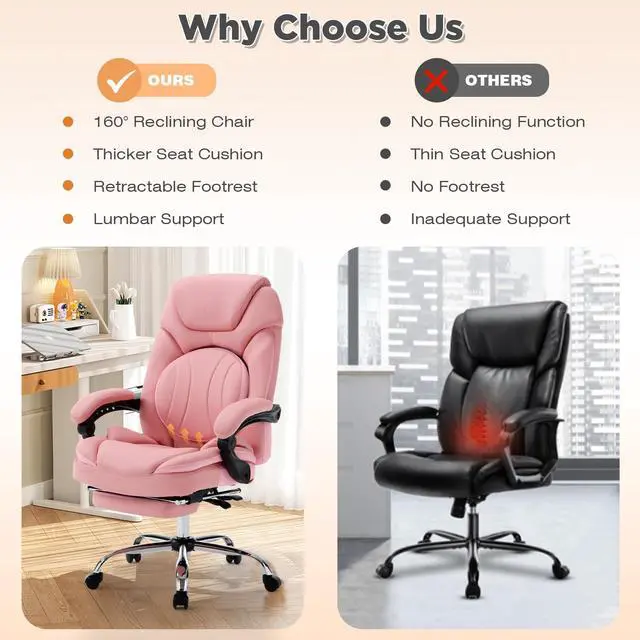 Alt view image 7 of 7 - Wide Comfy Office Desk Chair for Women with Lumbar Support Pink | Big Tall Computer Gaming Chair, Adjustable Lumbar Back Support, Wide Seat, Heavy Duty, Wheels, Faux Leather