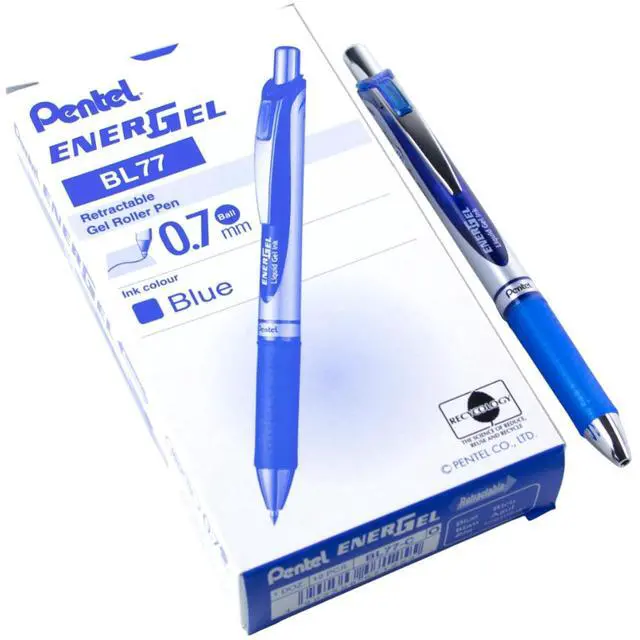 Main image of ® EnerGel Retractable Liquid Gel Pens, Medium Point, 0.7 mm, Silver Barrel, Blue Ink, Pack Of 12