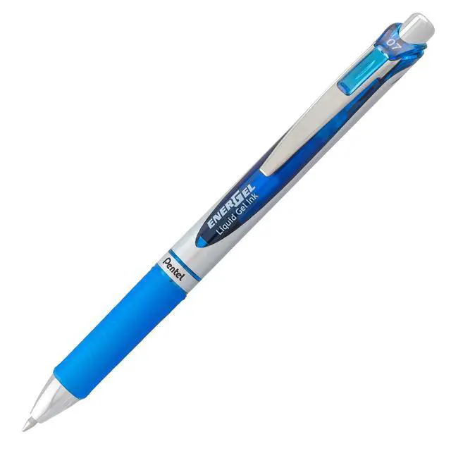 Alt view image 3 of 7 - ® EnerGel Retractable Liquid Gel Pens, Medium Point, 0.7 mm, Silver Barrel, Blue Ink, Pack Of 12