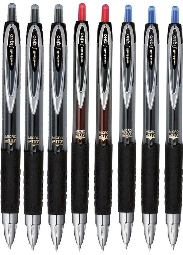 Main image of Signo 207 Roller Ball Retractable Gel Pens, Micro Point (0.5mm), Black Blue And Red Ink, 8 Count