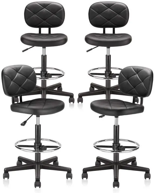 Main image of Tall Drafting Rolling Stool Chair with Low Back Support and Adjustable Foot Rest Ring Set of 4 PU Leather Vinly Wide Seat Swivel Standing Desk Chair for Office Home 4 Pack