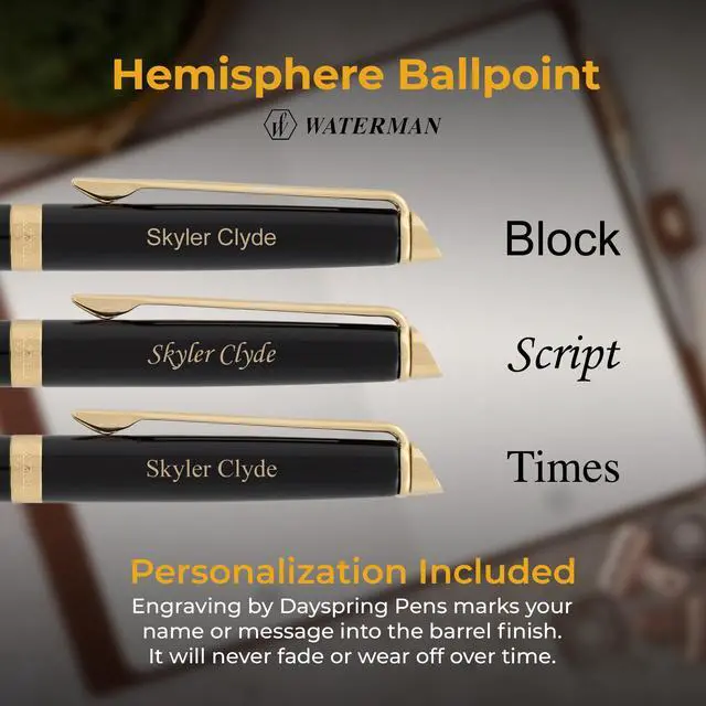 Alt view image 3 of 7 - Waterman Hemisphere Personalized Ballpoint Pen in Black with 23K Gold Trim | Engraved Pen for Executives, Retirement, Board Members, Career Advancement