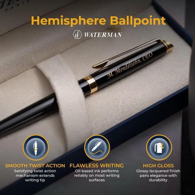 Alt view image 4 of 7 - Waterman Hemisphere Personalized Ballpoint Pen in Black with 23K Gold Trim | Engraved Pen for Executives, Retirement, Board Members, Career Advancement