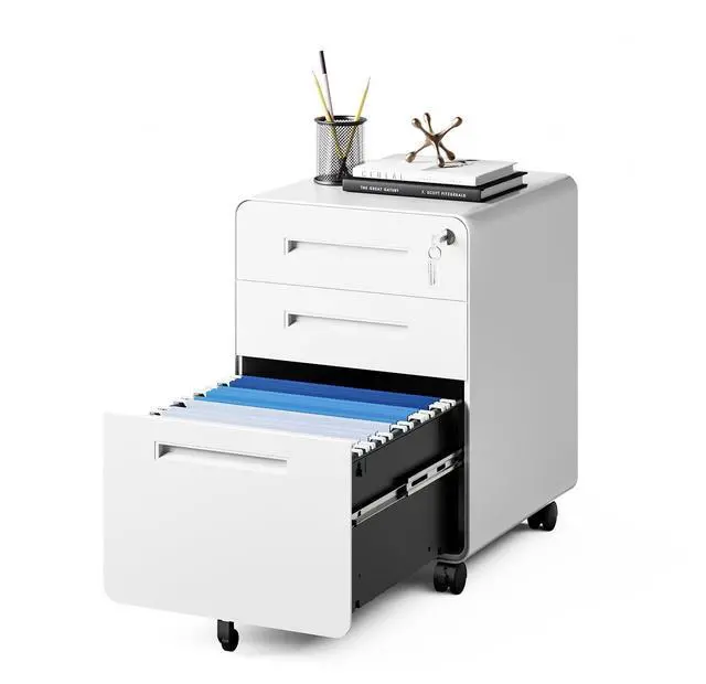 Main image of Mobile Filing Cabinet 3 Drawer, White Small File Cabinet with Lock Under Desk, Filing Cabinets for Home Office with Wheels, A4/Letter/Legal Hanging File Folders