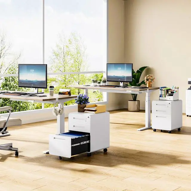 Alt view image 2 of 7 - Mobile Filing Cabinet 3 Drawer, White Small File Cabinet with Lock Under Desk, Filing Cabinets for Home Office with Wheels, A4/Letter/Legal Hanging File Folders
