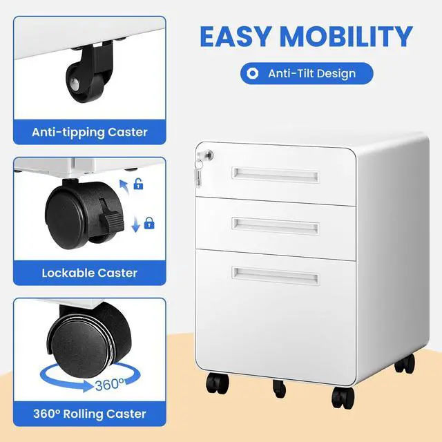 Alt view image 5 of 7 - Mobile Filing Cabinet 3 Drawer, White Small File Cabinet with Lock Under Desk, Filing Cabinets for Home Office with Wheels, A4/Letter/Legal Hanging File Folders