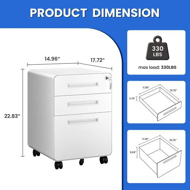 Alt view image 3 of 7 - Mobile Filing Cabinet 3 Drawer, White Small File Cabinet with Lock Under Desk, Filing Cabinets for Home Office with Wheels, A4/Letter/Legal Hanging File Folders