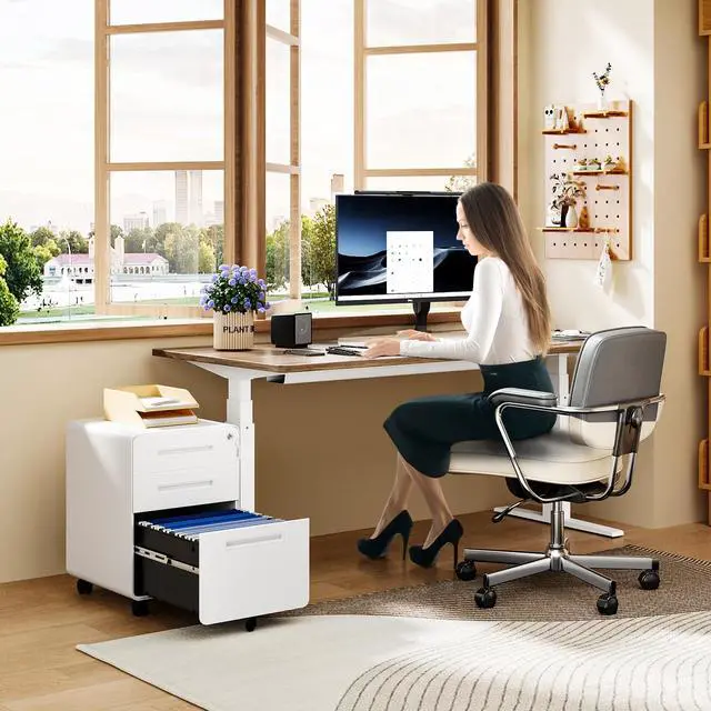 Alt view image 6 of 7 - Mobile Filing Cabinet 3 Drawer, White Small File Cabinet with Lock Under Desk, Filing Cabinets for Home Office with Wheels, A4/Letter/Legal Hanging File Folders