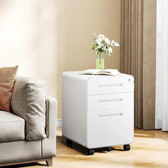 Alt view image 7 of 7 - Mobile Filing Cabinet 3 Drawer, White Small File Cabinet with Lock Under Desk, Filing Cabinets for Home Office with Wheels, A4/Letter/Legal Hanging File Folders