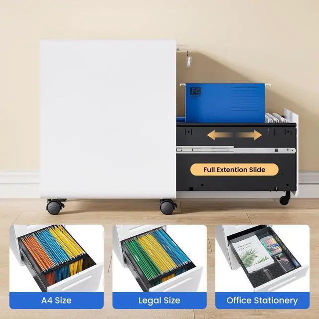 Alt view image 4 of 7 - Mobile Filing Cabinet 3 Drawer, White Small File Cabinet with Lock Under Desk, Filing Cabinets for Home Office with Wheels, A4/Letter/Legal Hanging File Folders