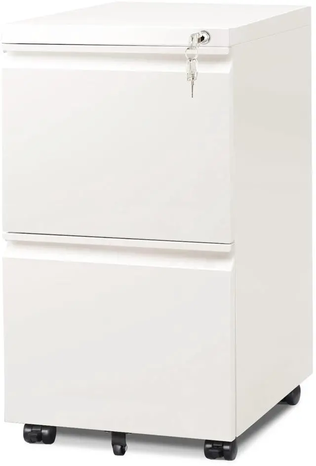 Main image of 2 Drawer File Cabinet with Lock for Home Office, Fully Assembled | Under Desk Metal Filing Cabinet with Wheels, Fits Letter/Legal/A4 Size, White