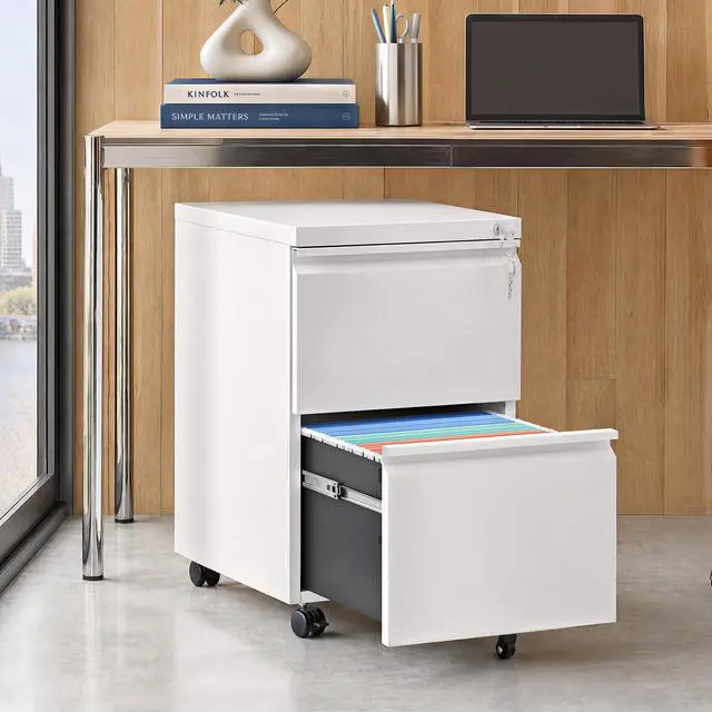 Alt view image 2 of 7 - 2 Drawer File Cabinet with Lock, Fully Assembled Except Casters | Metal Filing Cabinet with Wheels for Home Office, Under Desk Cabinet for Letter/Legal/A4 Size Files, White