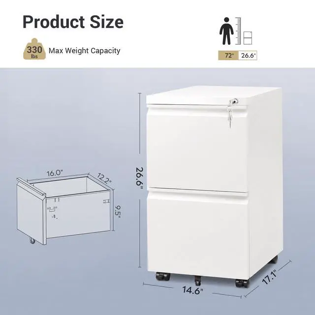 Alt view image 3 of 7 - 2 Drawer File Cabinet with Lock, Fully Assembled Except Casters | Metal Filing Cabinet with Wheels for Home Office, Under Desk Cabinet for Letter/Legal/A4 Size Files, White