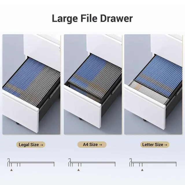 Alt view image 4 of 7 - 2 Drawer File Cabinet with Lock, Fully Assembled Except Casters | Metal Filing Cabinet with Wheels for Home Office, Under Desk Cabinet for Letter/Legal/A4 Size Files, White