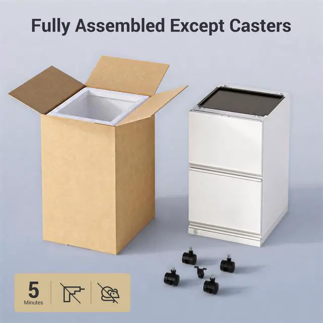 Alt view image 5 of 7 - 2 Drawer File Cabinet with Lock, Fully Assembled Except Casters | Metal Filing Cabinet with Wheels for Home Office, Under Desk Cabinet for Letter/Legal/A4 Size Files, White
