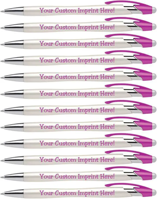 Main image of ExpressDesigns - Custom Pens with Stylus - The Pearl Personalized Metallic Printed Name Pens with Black Ink - Imprinted with Logo or Message with personalization - 12 pack (Pink)
