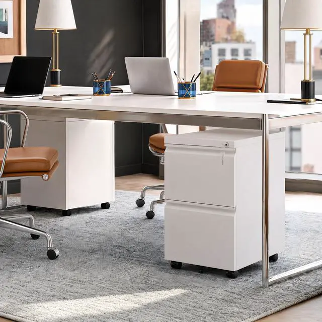 Alt view image 7 of 7 - 2 Drawer File Cabinet with Lock, Fully Assembled Except Casters | Metal Filing Cabinet with Wheels for Home Office, Under Desk Cabinet for Letter/Legal/A4 Size Files, White