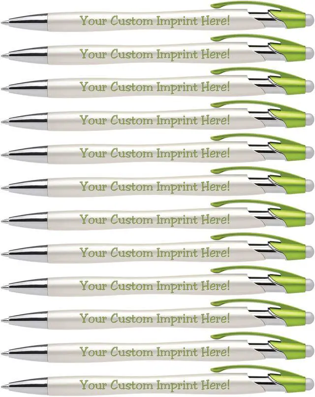 Main image of ExpressDesigns - Custom Pens with Stylus - The Pearl - Personalized Metallic Printed Name Pens with Black Ink - Imprinted w/Logo or Message with personalization - 12 pack (Green)