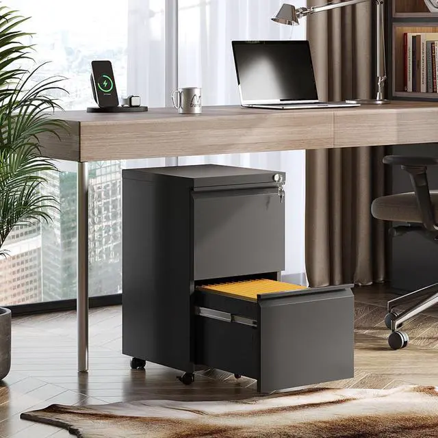 Alt view image 2 of 6 - 2 Drawer Metal File Cabinet, Fully Assembled Filing Cabinet | Under Desk Mobile File Cabinet with Lock for Home Office, Fits Letter/Legal/A4 Size Files, Black