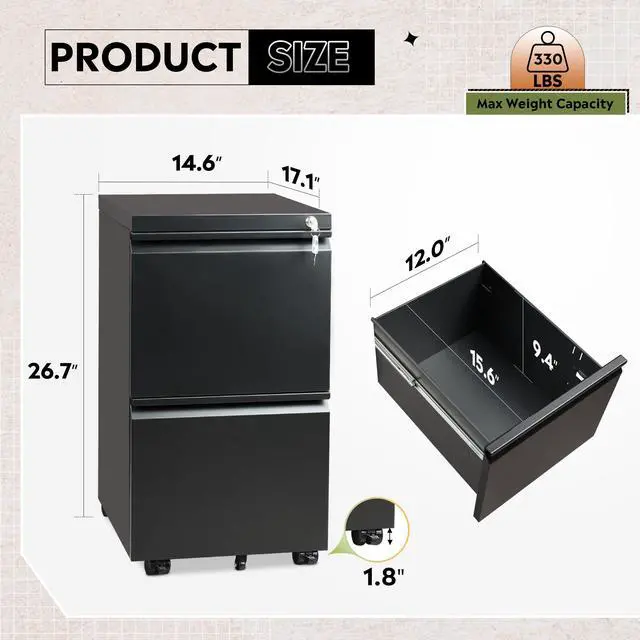 Alt view image 3 of 6 - 2 Drawer Metal File Cabinet, Fully Assembled Filing Cabinet | Under Desk Mobile File Cabinet with Lock for Home Office, Fits Letter/Legal/A4 Size Files, Black
