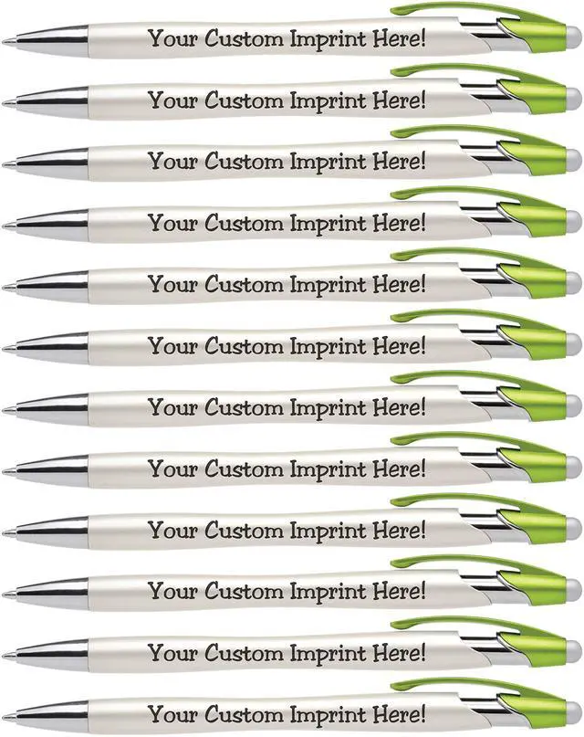 Alt view image 7 of 7 - ExpressDesigns - Custom Pens with Stylus - The Pearl - Personalized Metallic Printed Name Pens with Black Ink - Imprinted w/Logo or Message with personalization - 12 pack (Green)