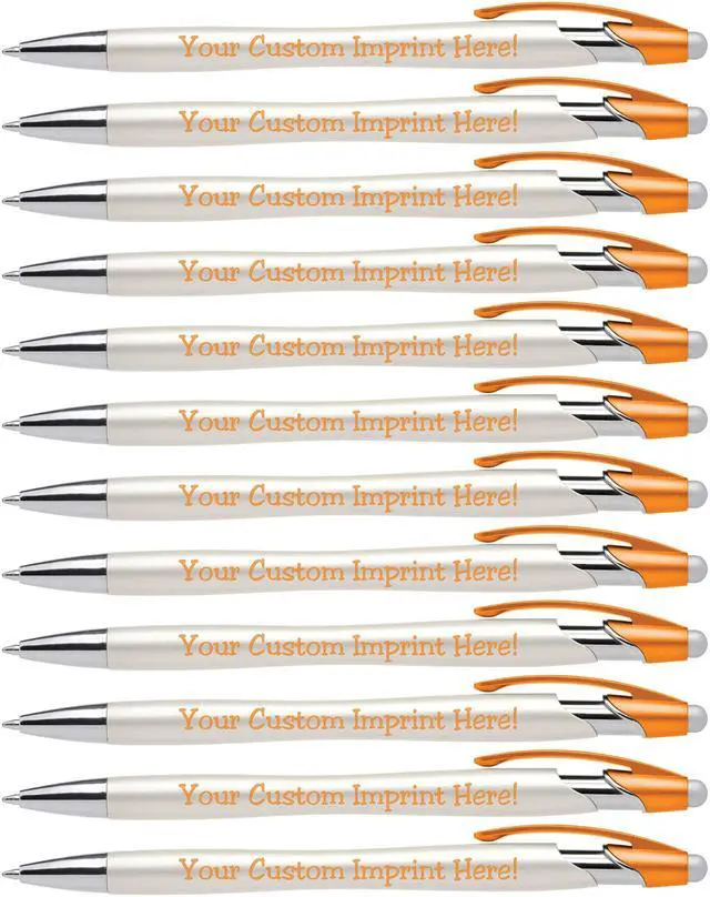 Main image of Custom Pens with Stylus - The Pearl - Personalized Metallic Printed Name Pens with Black Ink - Imprinted with Logo or Message - Great Gift Ideas - FREE PERSONALIZATION 12 pack (Orange)