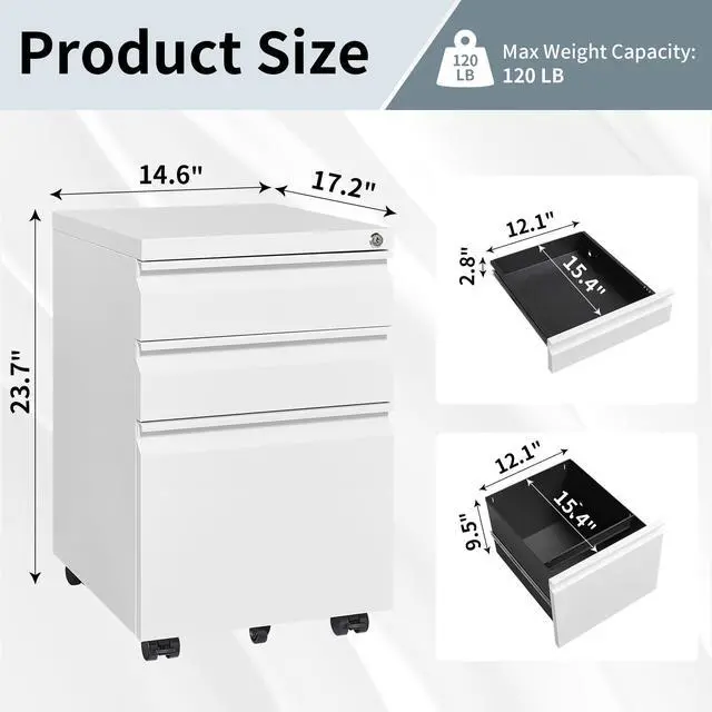 Alt view image 3 of 7 - Mobile File Cabinet for Home Office, Lockable 3 Drawer Filing Cabinet with Wheels for A4-Size/Letter-Size/Legal-Size, Fully Assembled Except Casters, White