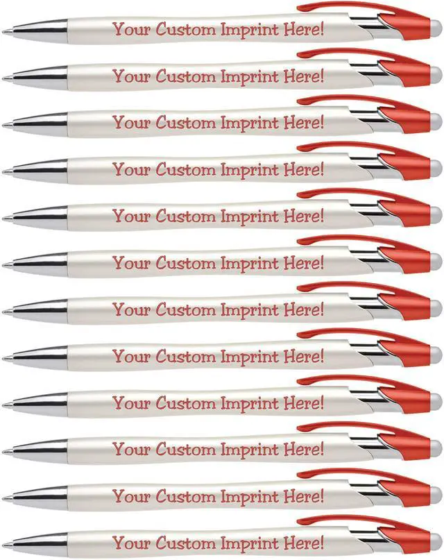 Main image of ExpressDesigns - Custom Pens with Stylus - The Pearl Personalized Metallic Printed Name Pens with Black Ink - Imprinted & Personalized with Logo or Message - 12 pack (Red)