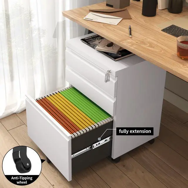 Alt view image 6 of 7 - Mobile File Cabinet for Home Office, Lockable 3 Drawer Filing Cabinet with Wheels for A4-Size/Letter-Size/Legal-Size, Fully Assembled Except Casters, White