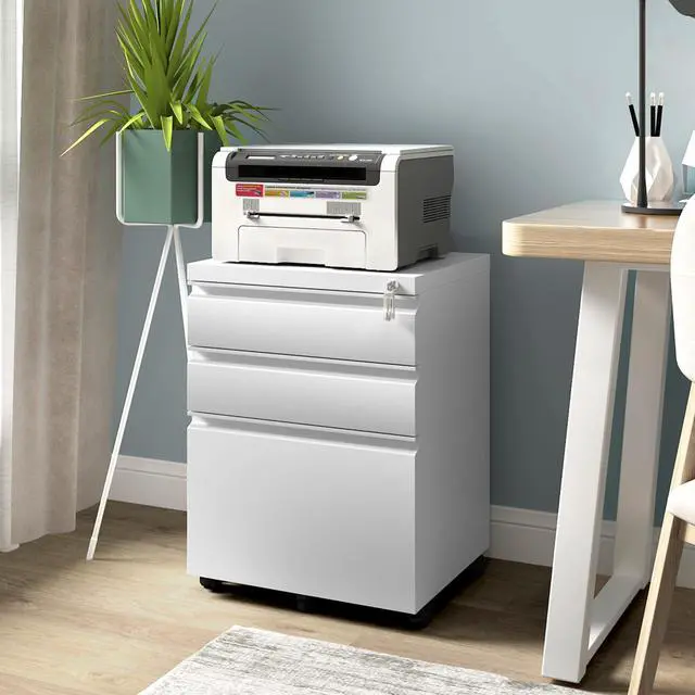 Alt view image 2 of 7 - Mobile File Cabinet for Home Office, Lockable 3 Drawer Filing Cabinet with Wheels for A4-Size/Letter-Size/Legal-Size, Fully Assembled Except Casters, White