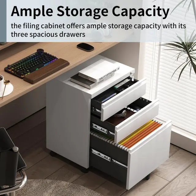 Alt view image 5 of 7 - Mobile File Cabinet for Home Office, Lockable 3 Drawer Filing Cabinet with Wheels for A4-Size/Letter-Size/Legal-Size, Fully Assembled Except Casters, White
