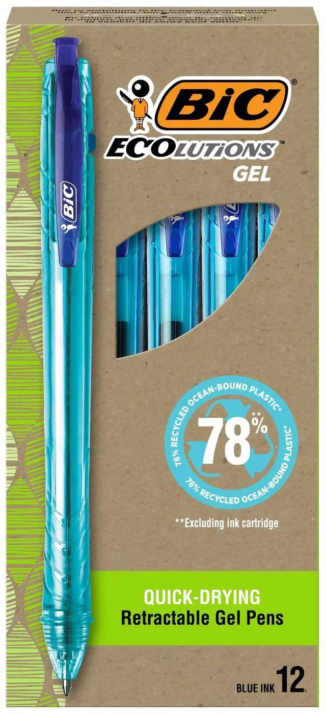 Main image of Ecolutions Gel Pen, Medium Point (1.0mm), Blue Ink, 12-Count | Smooth-flowing Ink for Long Writing, Semi-clear Barrel for Ink Checks, 78 Percent Ocean-bound Recycled Plastic