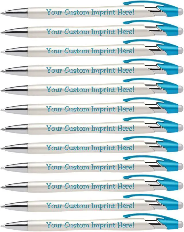 Main image of ExpressDesigns - Custom Pens with Stylus - The Pearl - Personalized Metallic Printed Name Pens with Black Ink - Imprinted with Logo or Message - Great Gift Ideas - 12 pack (Aqua)