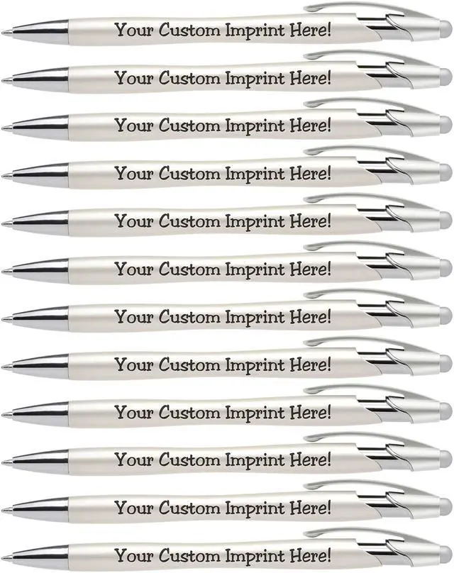 Main image of ExpressDesigns - Custom Pens with Stylus - The Pearl - Personalized Metallic Printed Name Pens with Black Ink - Imprinted with Logo or Message - Great Gift Ideas - 12 pack (Silver)