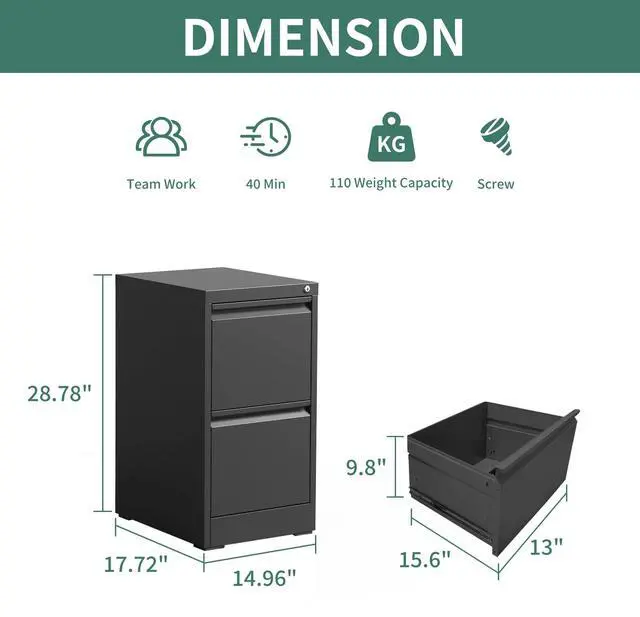 Alt view image 3 of 5 - 2 Drawer File Cabinet with Lock,Metal File Cabinet for Home Office | Black Vertical Filing Cabinets Heavy Duty Office Storage Cabinets for Letter/Legal/A4/F4 Size File, Assembly Required