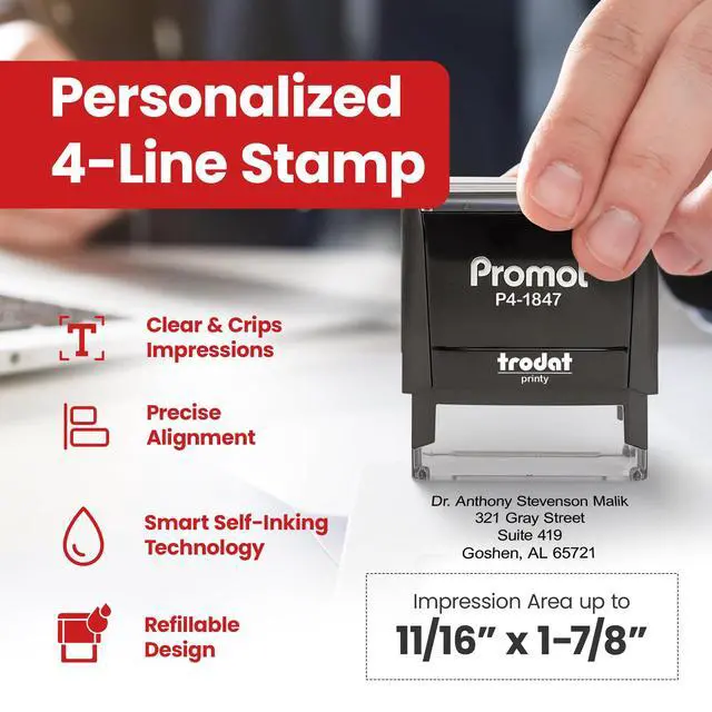 Alt view image 2 of 7 - Self Inking Stamp- Up to 4-Line Personalized Rubber Stamp (Medium) | Consistent Impressions, Thousands of Clear Stampings, One-Hand Operation, Built-In Self-Inking Mechanism, Replaceable Ink Pad
