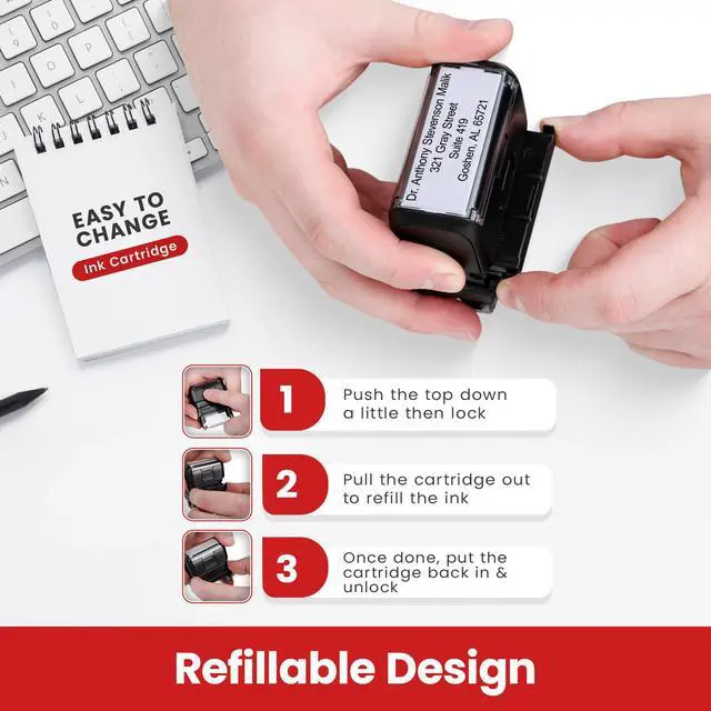 Alt view image 7 of 7 - Self Inking Stamp- Up to 4-Line Personalized Rubber Stamp (Medium) | Consistent Impressions, Thousands of Clear Stampings, One-Hand Operation, Built-In Self-Inking Mechanism, Replaceable Ink Pad