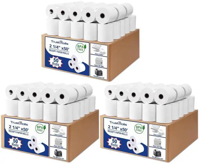Main image of (150 Rolls) Premium 2 1/4 x 50 Thermal Paper Rolls - BPA Free Credit Card Receipt Paper, Suitable for POS & ATM Systems