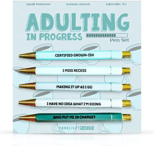 Main image of Ballpoint Pens Black Ink, Set of 5, Adulting in Progress | Engraved Funny Pens for Adults, Appreciation Gifts, Ideal Desk Decor for Work and Office Desk, Cute Packaging, Handy Clips