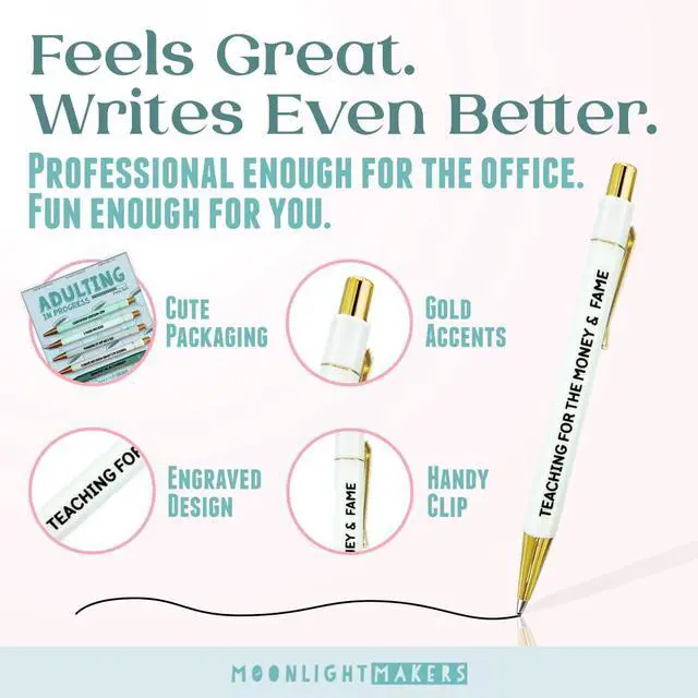 Alt view image 4 of 6 - Ballpoint Pens Black Ink, Set of 5, Adulting in Progress | Engraved Funny Pens for Adults, Appreciation Gifts, Ideal Desk Decor for Work and Office Desk, Cute Packaging, Handy Clips