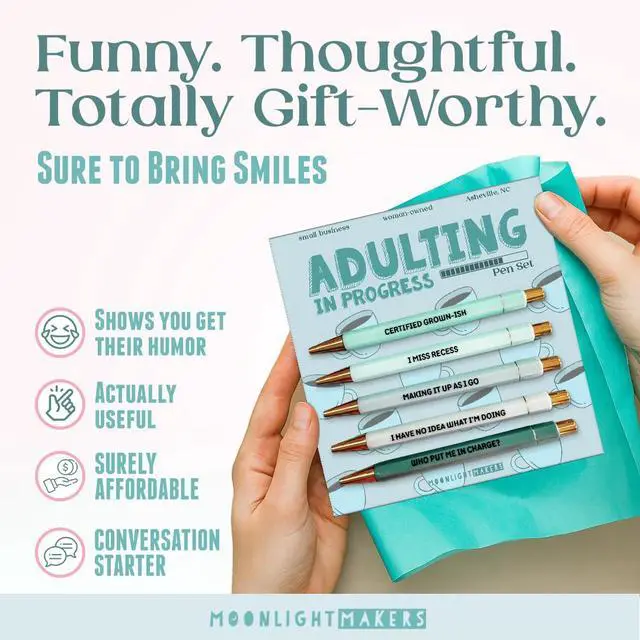 Alt view image 3 of 6 - Ballpoint Pens Black Ink, Set of 5, Adulting in Progress | Engraved Funny Pens for Adults, Appreciation Gifts, Ideal Desk Decor for Work and Office Desk, Cute Packaging, Handy Clips