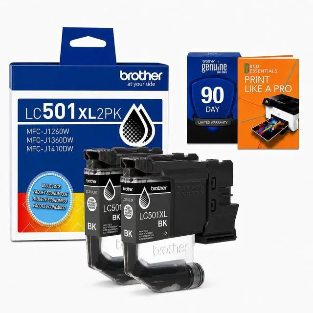 Main image of Genuine LC501XL 2-Pack Black High Yield Ink Cartridge Bundle with Deco Essentials Printer eBook for MFC-J1260DW, MFC-J1360DW, MFC-J1410DW