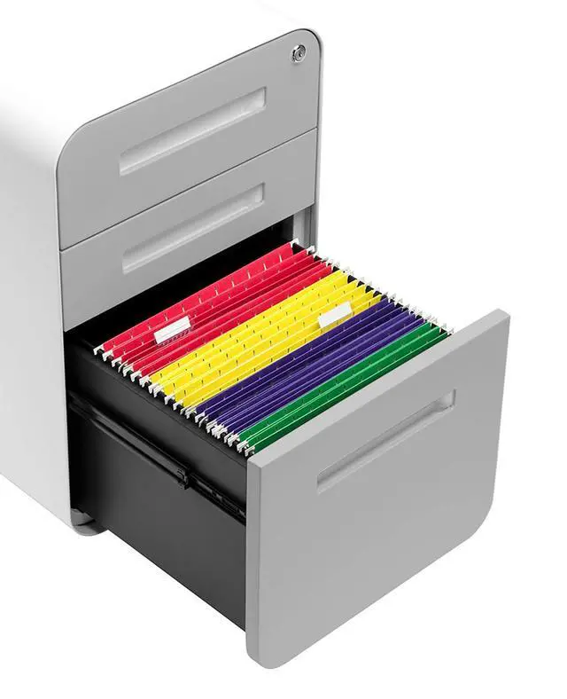 Alt view image 6 of 7 - Stockpile 3 Drawer File Cabinet with Lock - Under Office Desk Metal Filing Cabinet, Legal/Letter File Folders, Wheels and Stationary Feet, Pre-Assembled, Light Grey Faceplate