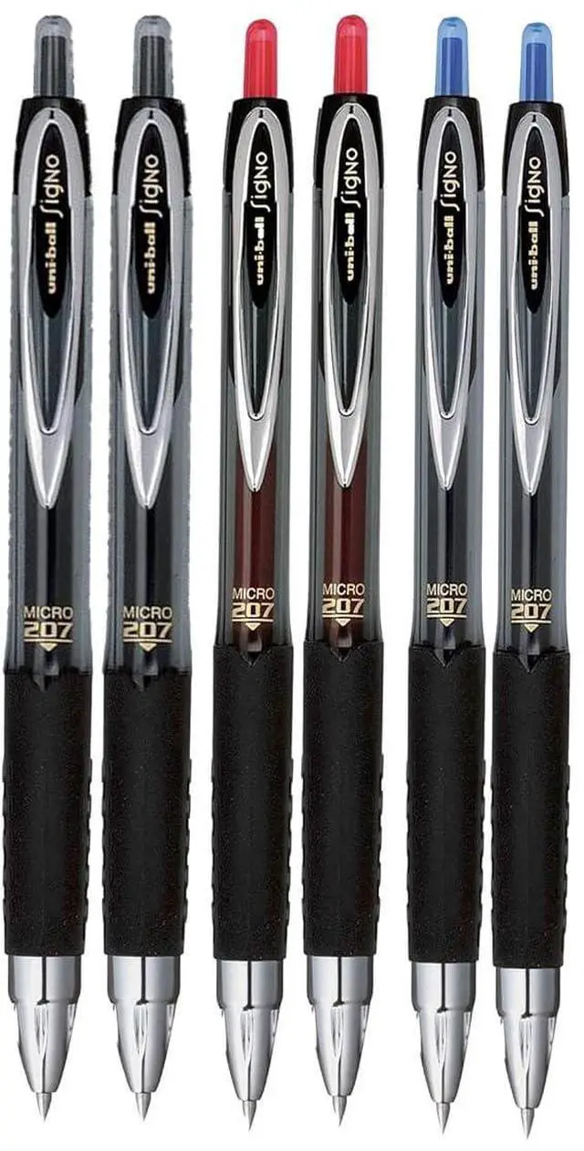 Main image of Signo 207 Roller Ball Retractable Gel Pens, Micro Point (0.5mm), Black Blue And Red Ink, 6 Count