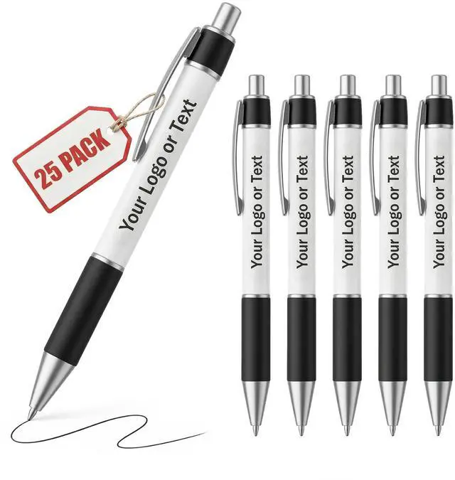 Main image of Personalized Ballpoint Pens, Customizable Writing Pens with Logo, Name or Text, Black Ink, Rubber Grip, Retractable, White, for Office Supplies, Desk Accessories, School Events (Pack of 25)