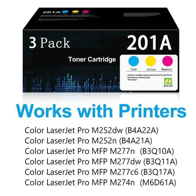 Alt view image 2 of 6 - 201A Toner Cartridge (3-Pack), Compatible for HP 201A CF401A CF402A CF403A | Cyan/Magenta/Yellow, work for Color Laserjet Pro MFP M277dw M252dw M277C6 M277n M252n M277 M252 Series Printer (with Chip)
